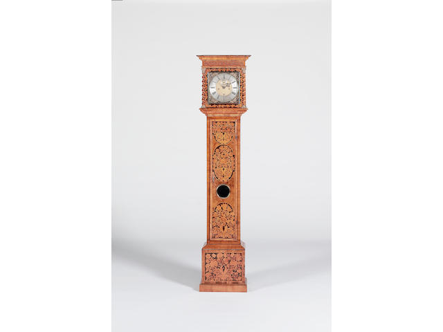 A good late 17th century marquetry walnut longcase clock of one month duration with 11 inch dial, reversed trains and bolt and shutter maintaining power John Barnett, Londini fecit