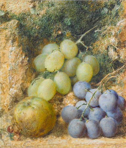 William Henry Hunt, OWS (British 1790-1864) Still life  of grapes and apple 18.5 x 16 cm. (7 1/4 x 6 1/4 in.)