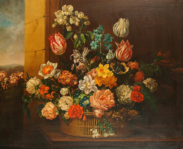 English School, 19th Century An impressive still life of flowers in a basket, a view to a landscape beyond.