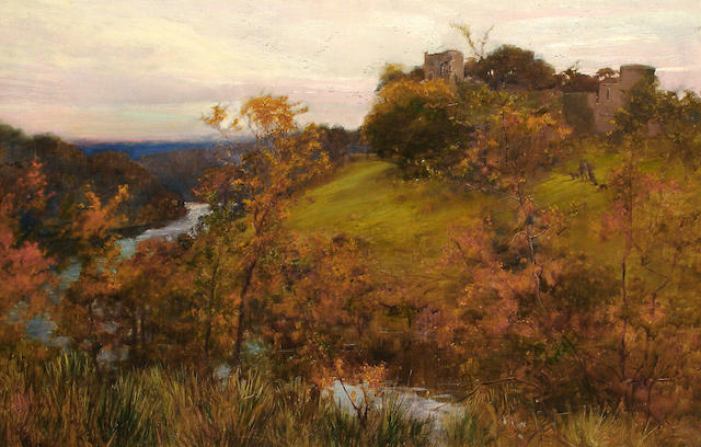 Alfred East (British 1849-1913) A view across a river valley to a castle ruin.