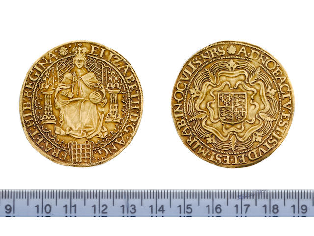 Elizabeth I, fifth issue (1583-1600), Sovereign, 15.2g, queen enthroned holding orb and sceptre, portcullis at feet, tressure unbroken by throne decorated with pellets, ELIZABETH D G ANG FRA ET HIB REGINA,