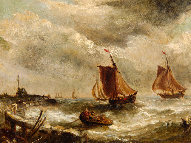 Follower of John Moore of Ipswich (1820-1902) Boats in rough sea off the jetty 18 x 24cm (7 x 9&#189;in).