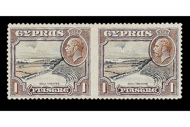 Cyprus: 1934 Script 1pi. black and red-brown horizontal pair variety imperf. between, unused with much original gum, fine and rare, R.P.S. Certificate (2006). SG 136b, &#163;13,000. (1792)