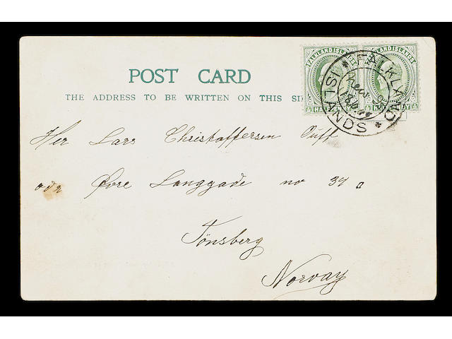 Falkland Islands: Cancellations - New Island: 1909 picture postcard franked &#189;d. green pair, tied by Falkland Islands double ring cancellation with manuscript "New Is" and dated "18.10.09", addressed to Norway, fine and very rare. Heijtz catalogue states three covers are known and we believe this postcard has not been recorded. (991)