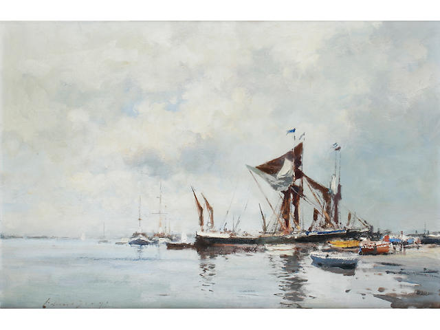 Edward Brian Seago, R.B.A., R.W.S. (1910-1974) Thames barges on the hard - Pin Mill 40.5 x 61cm (16 x 24in).