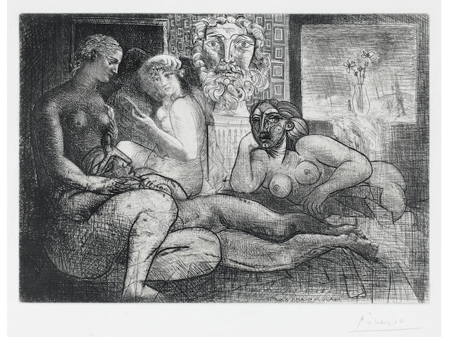 Pablo Picasso Quatre Femmes nues et Tete sculptee Etching, 1934, plate 82 from 'La Suite Vollard' on Vollard watermarked laid paper, signed in pencil, from the total edition of 310, published by A Vollard, Paris; faint mount staining, otherwise in good condition, 340 x 450mm (13 1/4 x 17 3/4in)(SH)
