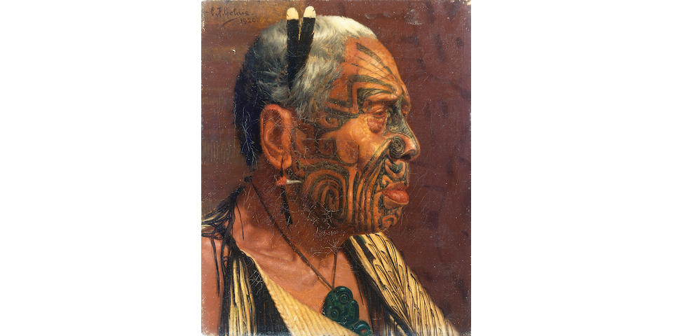 Charles Frederick Goldie (New Zealander, 1870-1947) A portrait of Tumai Tawhiti, 'The Last of the Cannibals' 27.3 x 22.3 cm. (10&#190; x 8&#190; in.)