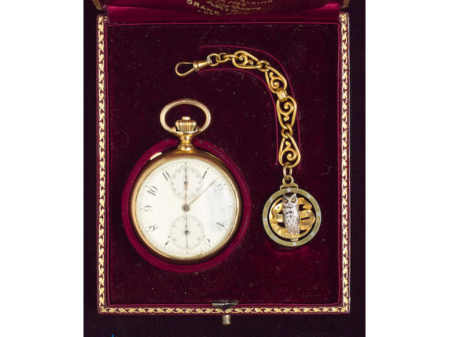 A fine L Leroy & Cie presentation 18 ct gold open faced split second chronograph, 52mm