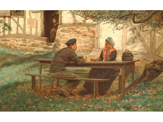 William John Hennessy (British, 1839-1917) A couple seated before an inn enjoying a refreshment.