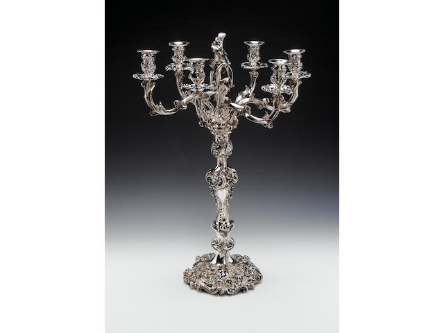 A Victorian silver six-light candelabrum, by Robert Garrard, London 1843,
