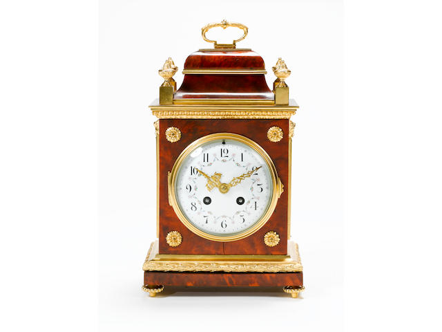 A late 19th century French red tortoiseshell and ormolu mantel clock Movement signed S. Marti