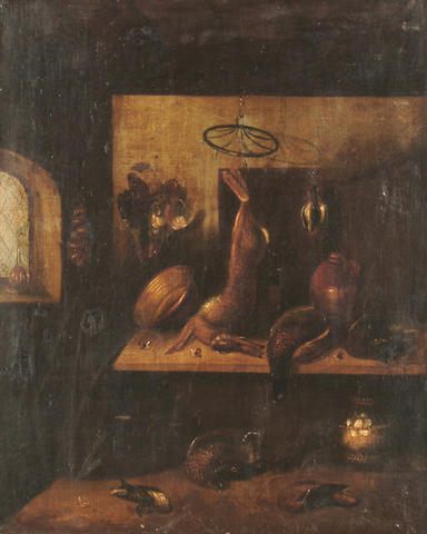Circle of Benjamin Blake (died circa 1830) A kitchen interior with a dead hare and dead pheasants on a tabletop with an earthenware jar and copper pan. 60.2 x 50.4cm (23&#190; x 19 7/8in)