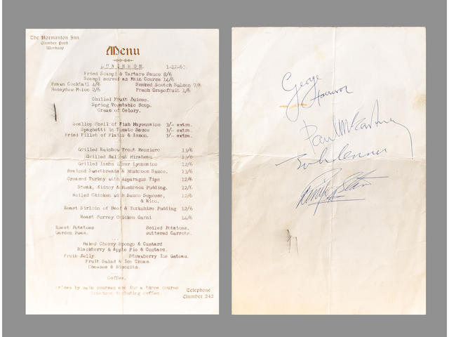 A menu card autographed by the Beatles,