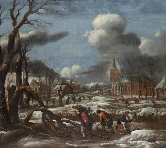Aert van der Neer (Amsterdam 1603-1677) A winter landscape with figures in the foreground collecting wood, in a French 18th Century carved frame