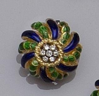 An enamel and diamond earclip and brooch suite,