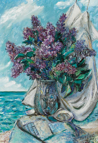 David Davidovich Burliuk, 1882-1967 Vase by the sea 50.6 x 35.7 cm. (19 &#190; x 14 in.)
