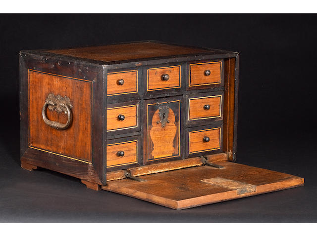 A 17th century Indo-Portuguese teak and ebony inlaid cabinet box