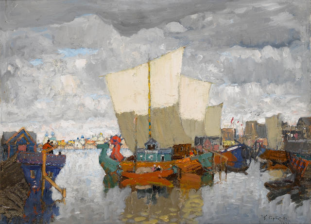 Konstantin Ivanovich Gorbatov, 1876-1945 A busy anchorage 29.8 x 39 cm. (11 &#190; x 15 &#188; in.)