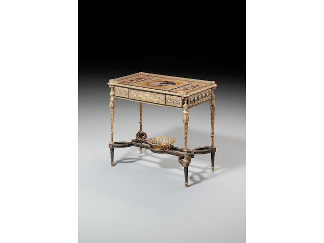 A fine mid 19th French ebony, polished steel, mother of pearl and Japanese lacquer Table &#224; Millieuby Millet of Paris