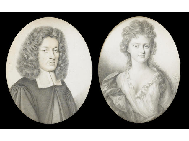 Thomas Forster, A pair of portraits of Thomas Green (1658-1738), Bishop of Ely and his wife Catherine (n&#233;e Trimnel) (c.1682-1770): he, wearing robes held at the top with a small knotted button, white bands and curled wig; she, wearing loose white robes with frilled trim and dark cloak over her right shoulder and wrapped about her waist, her curling hair falling over her left shoulder