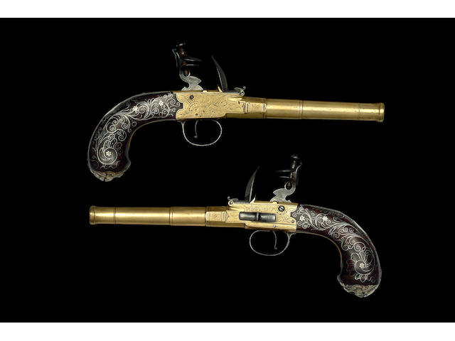 A Rare And Large Pair Of 28-Bore D.B. Flintlock Box-Lock Pistols