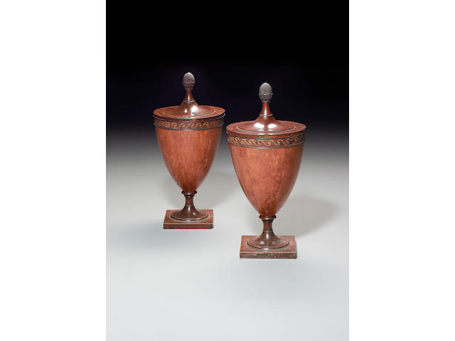 A pair of George III mahogany, ebony strung fustic and painted Dining Urns and covers
