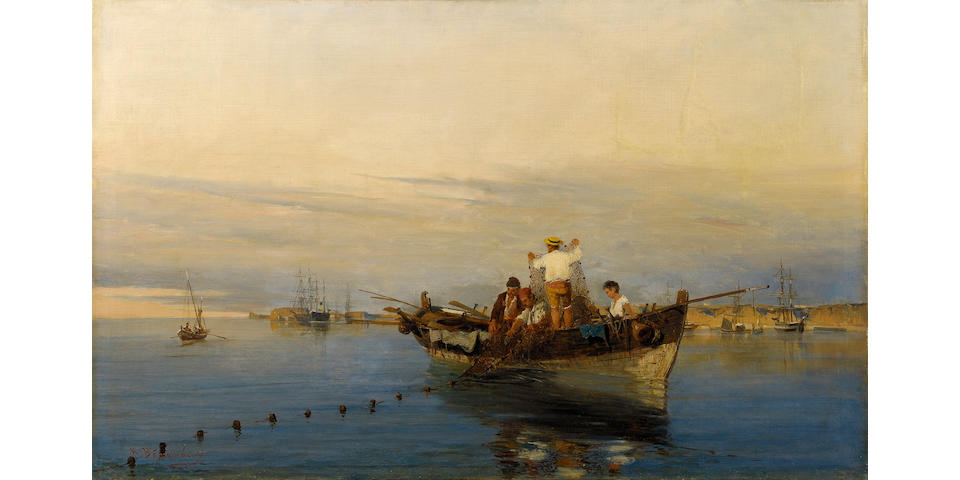 Constantinos Volanakis (1837-1907) Casting the nets 44 x 71 cm. (17 3/8 x 28 in.)