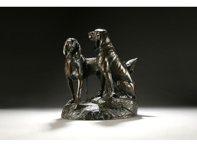 A good late 19th century cast bronze group of two gundogs, by Leon Bureau, (1866-1906)