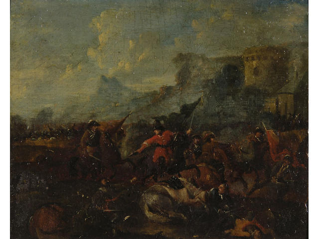 French School (18th Century) Battle scene 19.5 x 24cm (7&#190; x 9&#189;in).