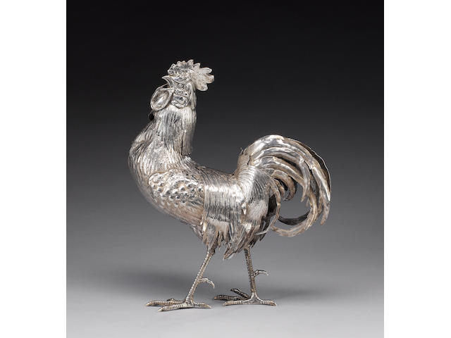 A Continental silver model of a cockerel, bearing import marks for Berthold Muller, London 1900,