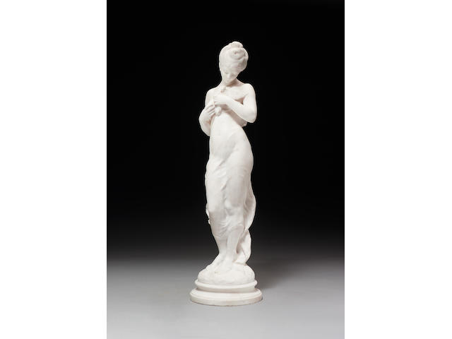 Hyppolyte Fran&#231;ois Moreau (French, 1832-1927): A sculpted white marble figure of a semi-clad maiden holding a dove