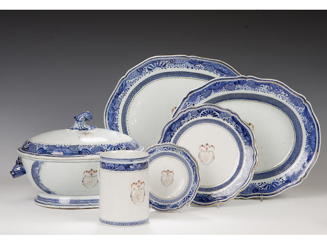 An extensive blue and white Armorial service Chinese 18th century