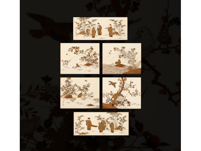 A set of six Shibayama and lacquer panels, Meiji period