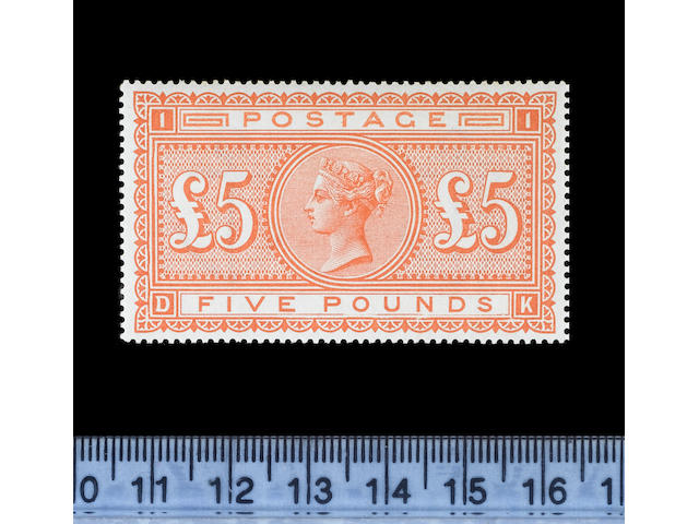 1882-83 wmk. Anchor on white paper: &#163;5 orange DK (S.G.137), example from the right of the sheet showing marked frame breaks below 'O' and 'N' of 'POUNDS', light marginal gum bend, brilliantly fresh unmounted o.g. An exceptional stamp. B.P.A. Certificate (1992)