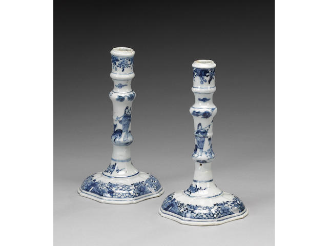 A Pair of Chinese-Export blue and white candlesticks;