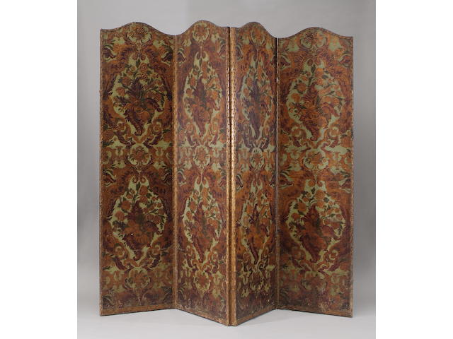 A 19th Century Italian four-fold painted leather draught screen Decorated in rococo taste, 215cm high.