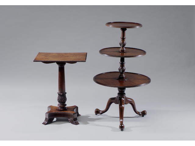 A George III style mahogany circular three-tier dumb waiter With wrythen knopped column and tripod base, 104cm high.