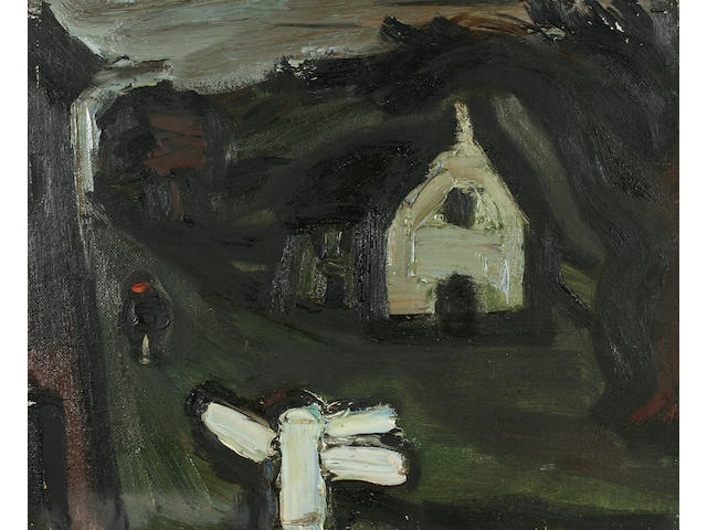 Theodore Major (1908-1999) Landscape with signpost, figure and buildings,