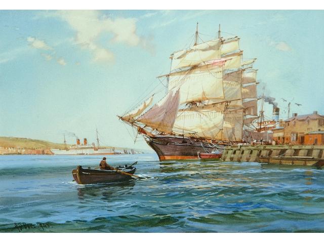 A* D* Bell (fl.1920's-1950's) A clipper ship in harbour; A harbour scene with figures on the quayside