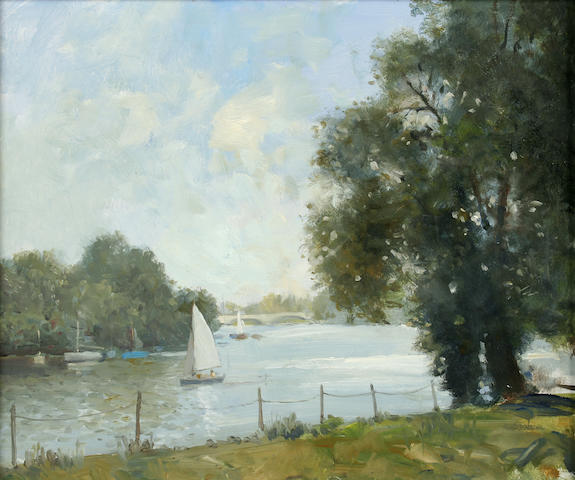William Eric Thorpe (1901-1993) "Richmond Bridge" riverside view with sailing boats,