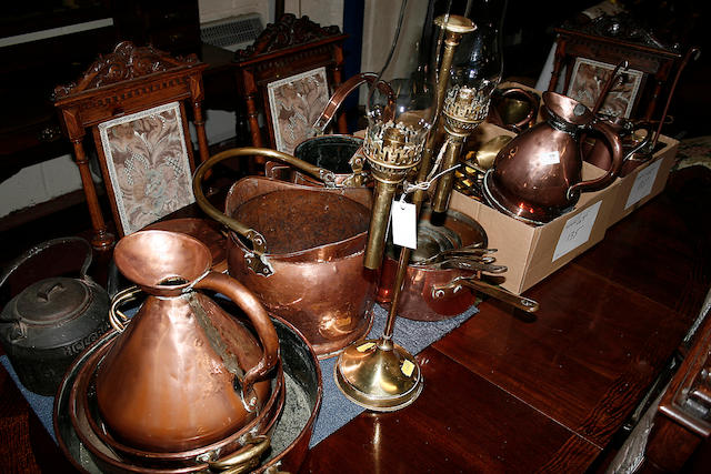 An assortment of copper and brassware