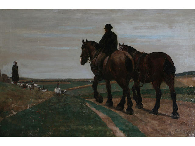 W** Brounder(?) (19/20th Century) European A field with figures, carthorses and geese,
