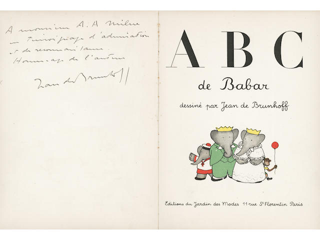 BRUNHOFF (JEAN DE) ABC de Babar, FIRST EDITION, AUTHOR'S PRESENTATION COPY TO A.A. MILNE