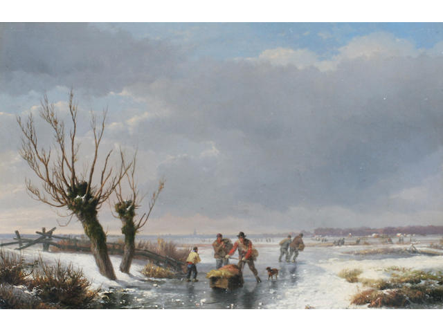 Eugene Joseph Verboeckhoven (1798-1881) Belgian Winter scene, skaters on the ice,