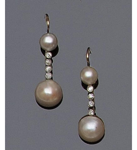 A pair of diamond and pearl earpendants