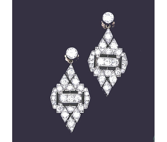A pair of art deco diamond pendent earrings,