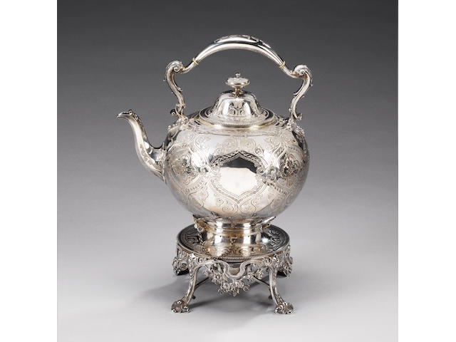 A Victorian silver tea kettle on stand and burner, by Martin & Hall, Sheffield 1864,