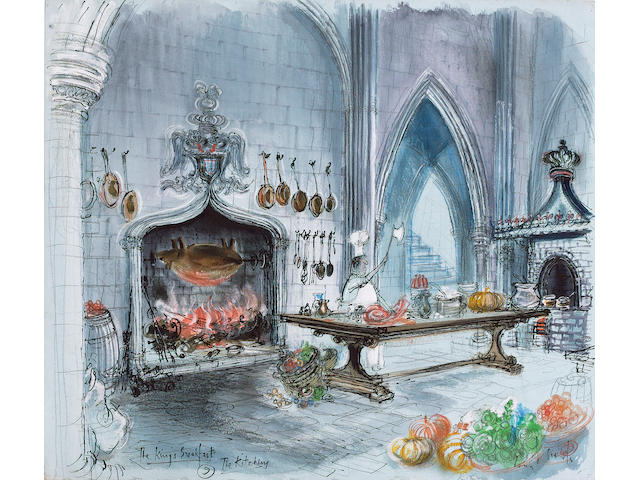SEARLE (RONALD) The King's Breakfast. The Kitchen; The Royal Gym, original artwork designs showing the interior of a castle