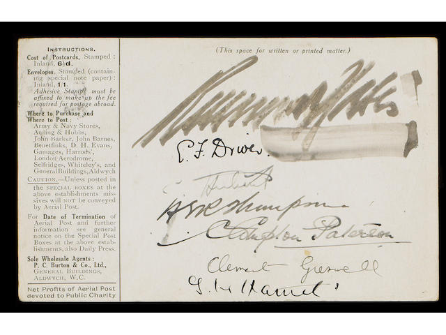 Airmails: 1911 London to Windsor First Aerial Post, olive green card pilot signed by Gustav Hamel, Clement Greswell, Charles Hubert, Evelyn Driver,  also three other signatures.