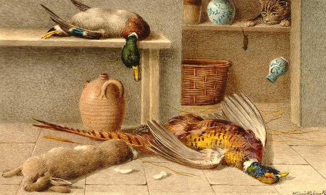 William Cruickshank (British, exh.1880-1886) A larder scene with a mallard, pheasant and a hare, a cat and mouse in the background.